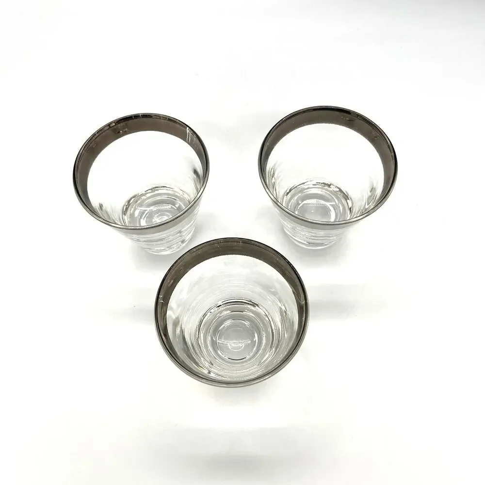 Vintage MCM Dorothy Thorpe Set of 3 Silver Rimmed Barware Shot Glasses 2.75